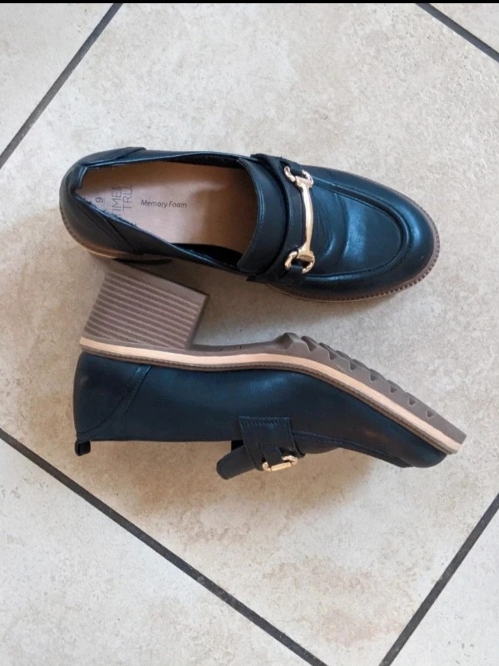 Time and Tru Black Heeled Loafers with Gold Bit